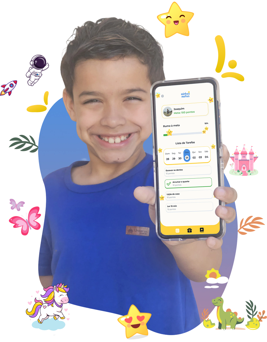 Criança feliz usando o app Minhas Metas no celular